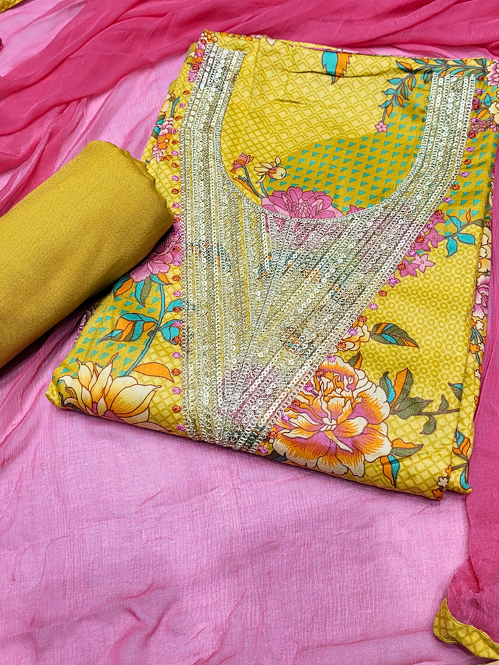 Chhabra 555 Multicolor Floral Printed Dress Material with Zari Sequin Embroidered Neckline 