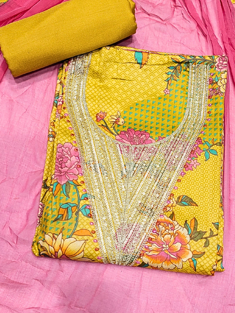 Multicolor Floral Printed Dress Material with Zari Sequin Embroidered Neckline