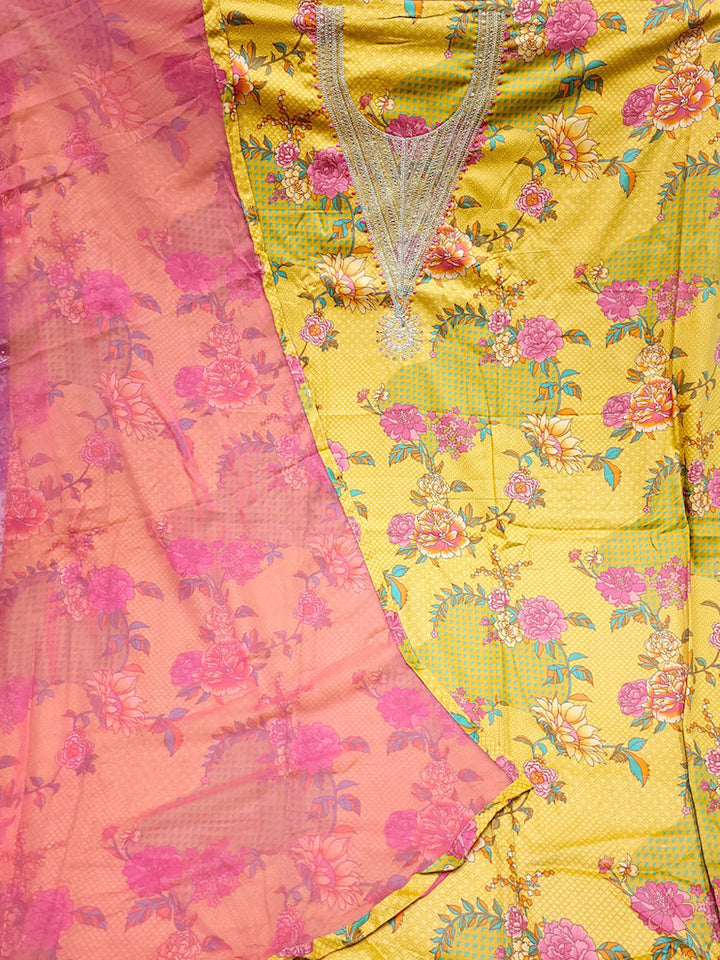 Multicolor Floral Printed Dress Material with Zari Sequin Embroidered Neckline