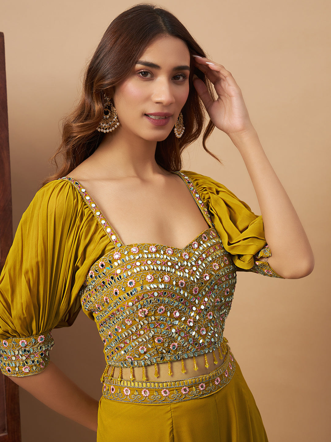 Chhabra 555 Mirror Embroidered Tasseled Crop-Top Palazzo  Set with Stylized Bishop Sleeves