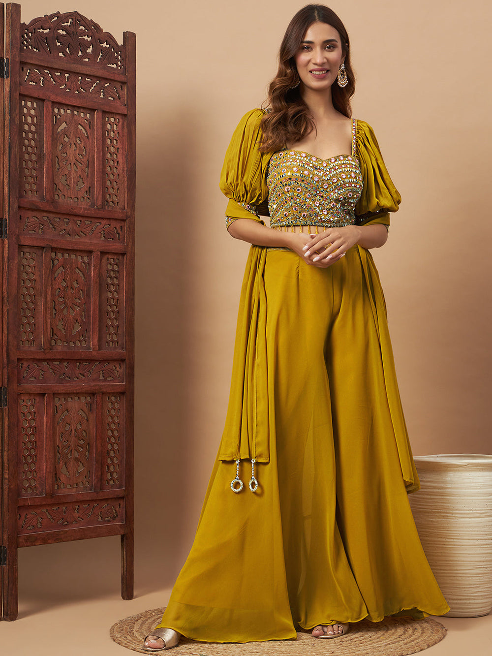 Chhabra 555 Mirror Embroidered Tasseled Crop-Top Palazzo  Set with Stylized Bishop Sleeves