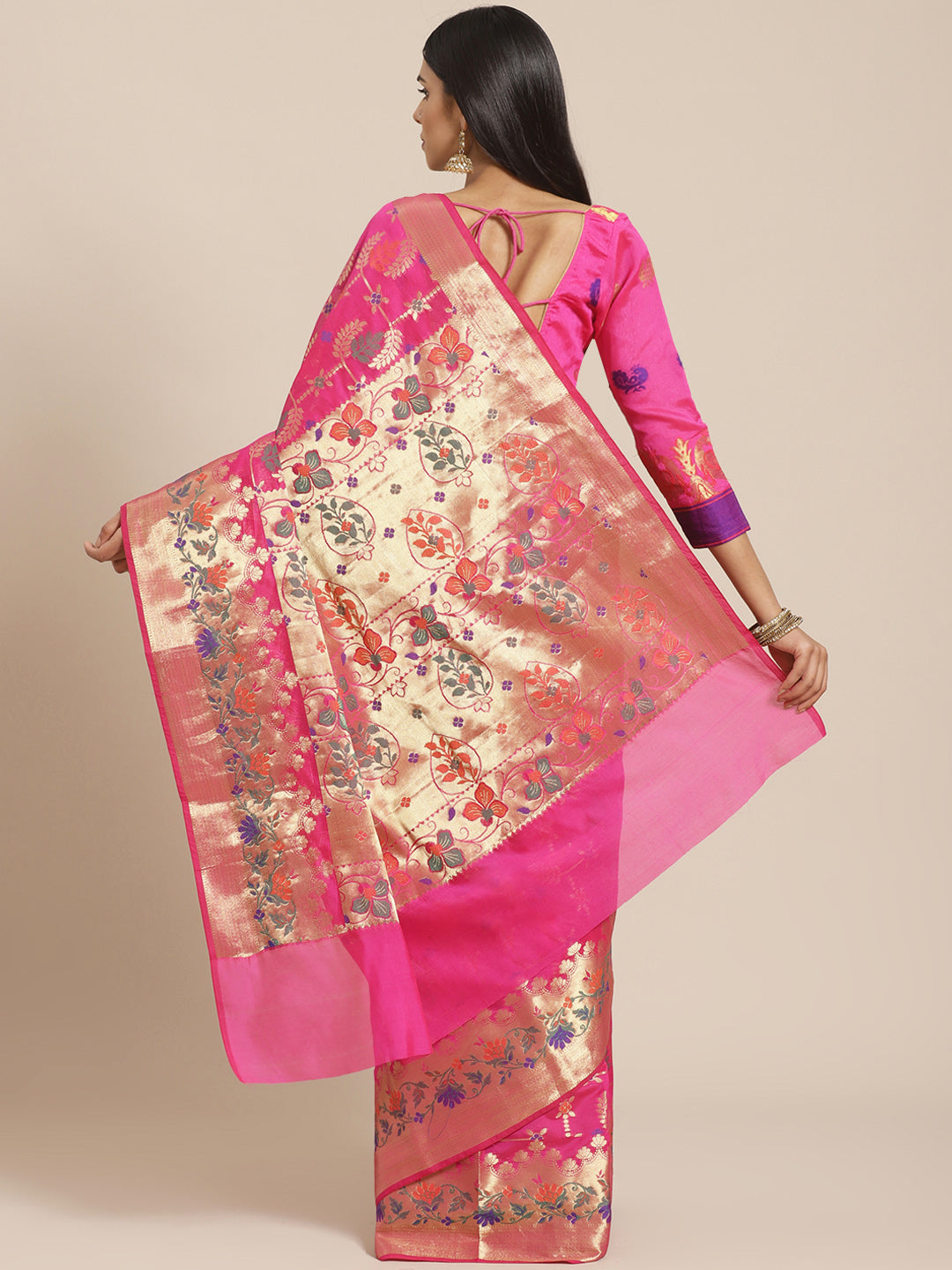 Banarasi Chanderi Saree with Gold Zari & Resham Artistic Motifs & Floral Woven border