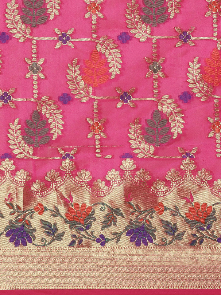 Banarasi Chanderi Saree with Gold Zari & Resham Artistic Motifs & Floral Woven border
