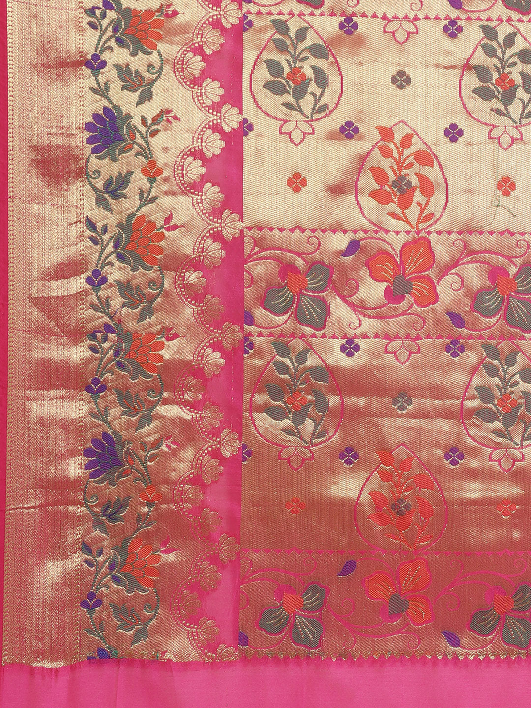 Banarasi Chanderi Saree with Gold Zari & Resham Artistic Motifs & Floral Woven border