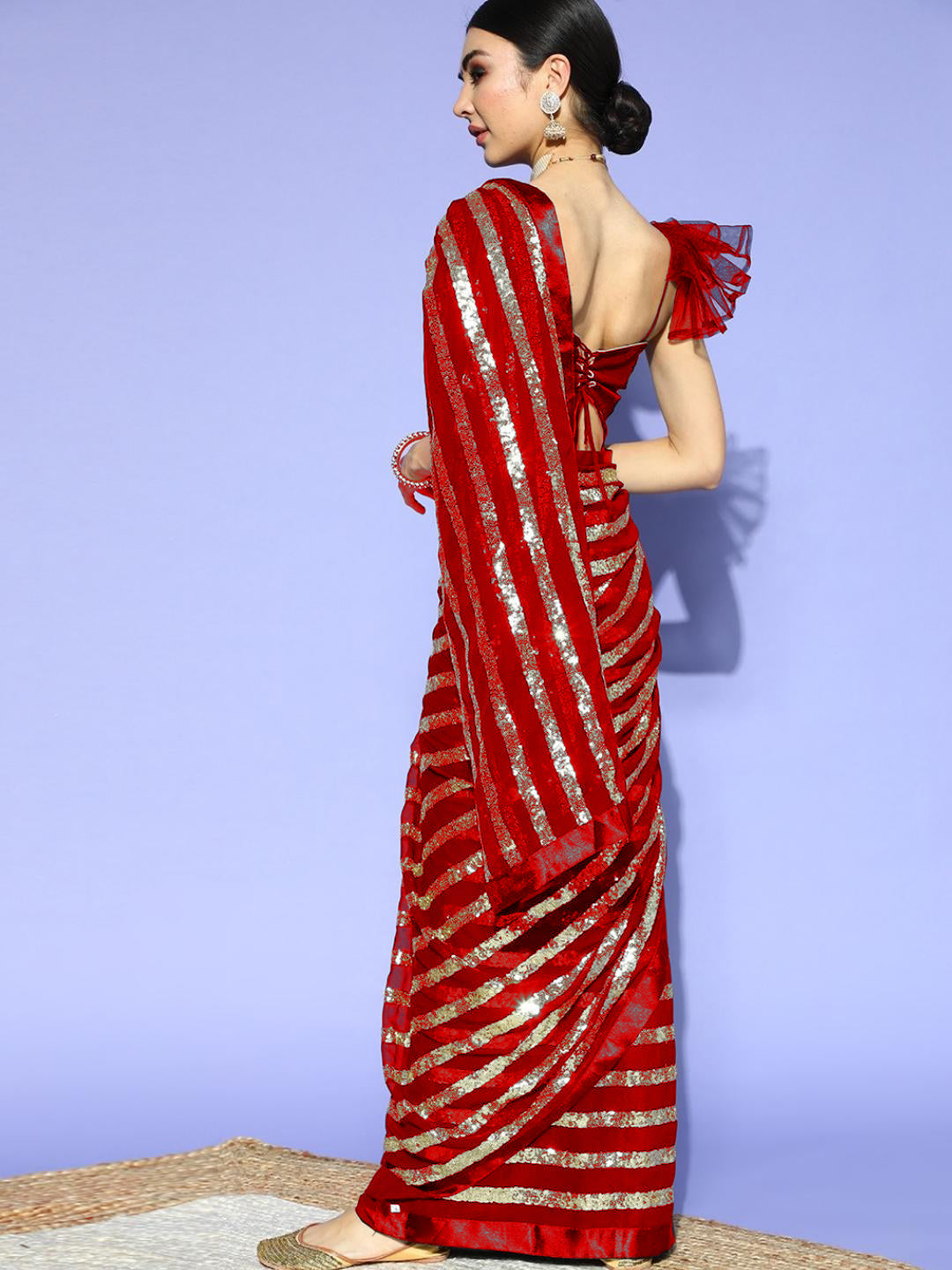 Red Stripes Gold Sequinned Bling Designer Cocktail Georgette Saree