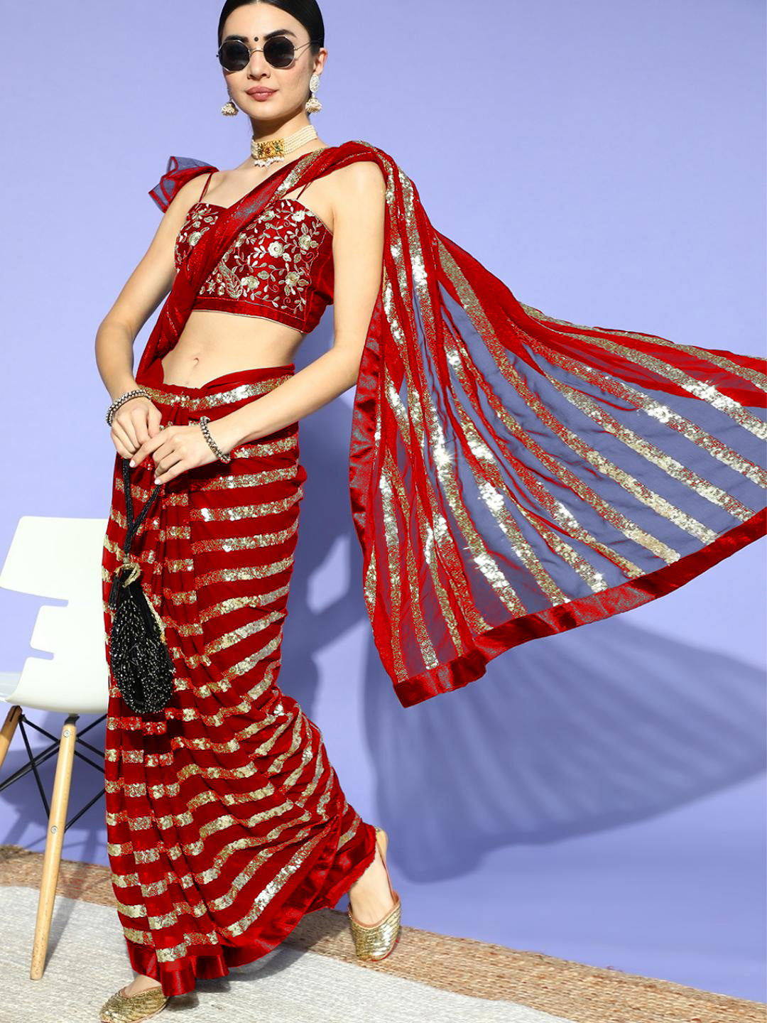 Red Stripes Gold Sequinned Bling Designer Cocktail Georgette Saree