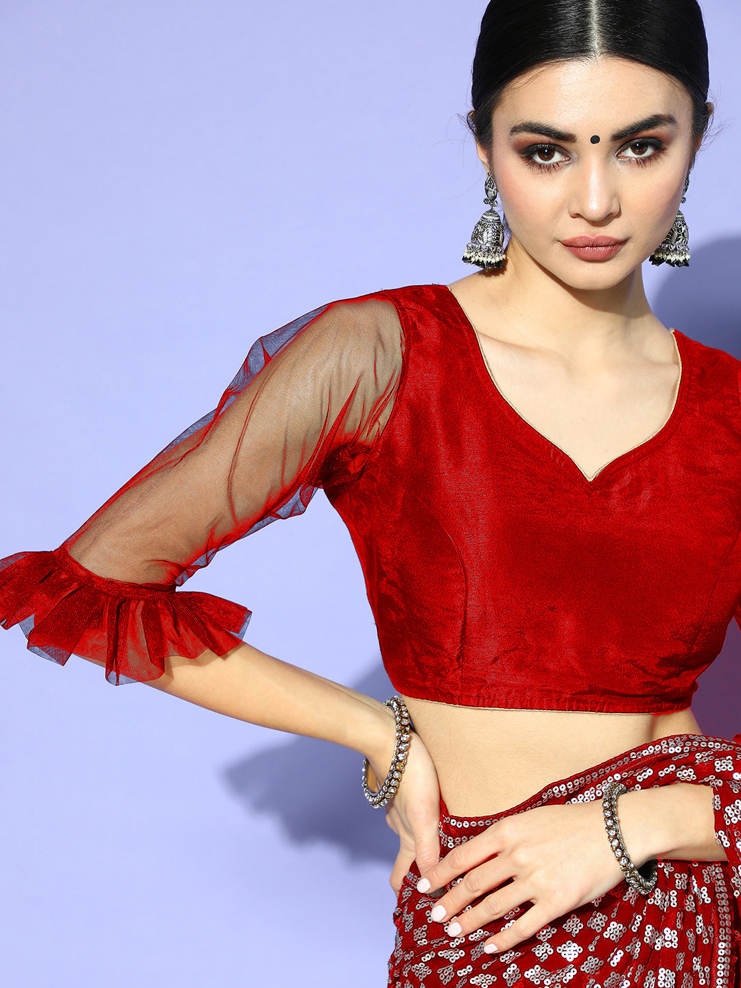 Red Stripes Gold Sequinned Bling Designer Cocktail Georgette Saree