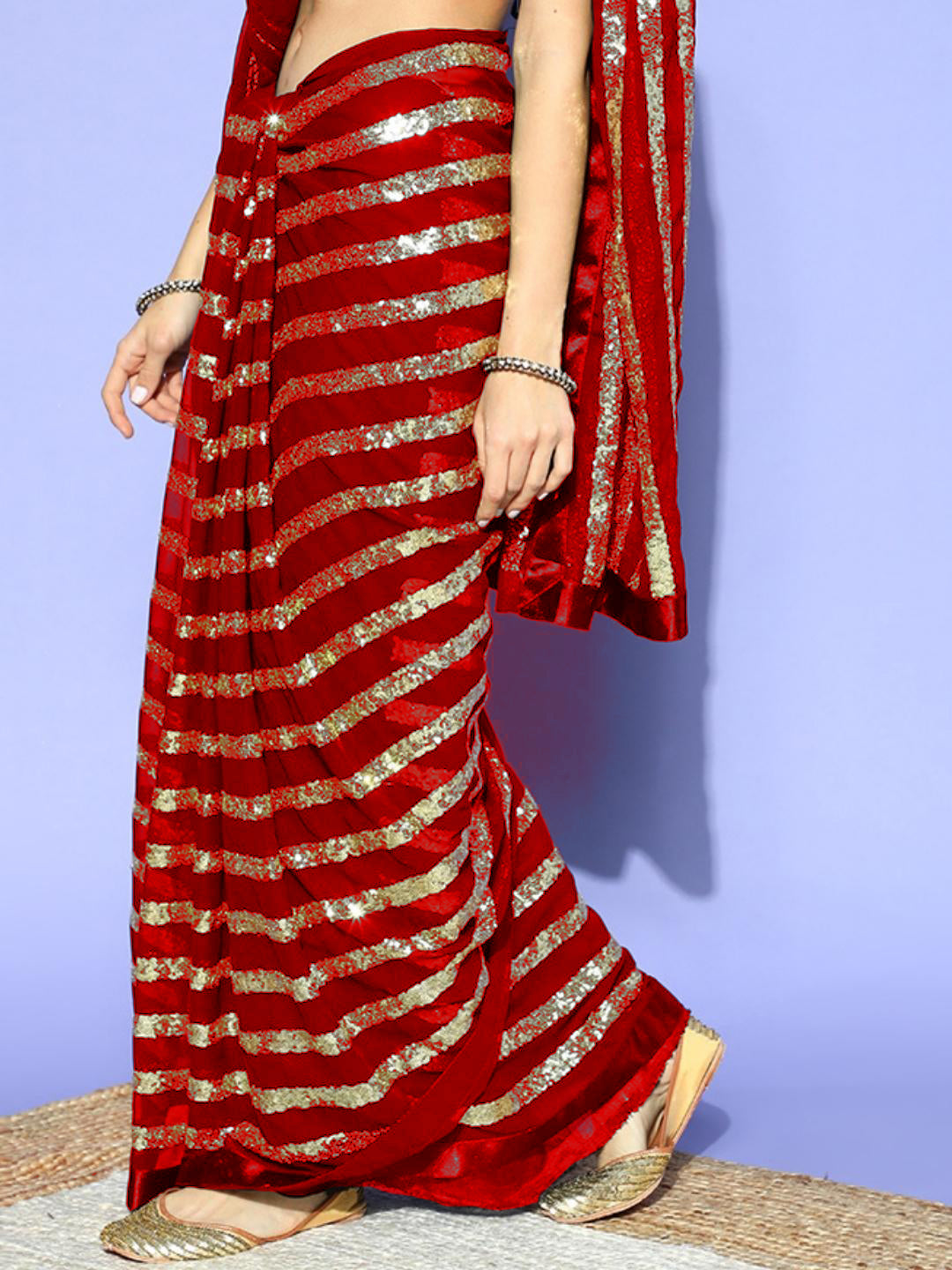 Red Stripes Gold Sequinned Bling Designer Cocktail Georgette Saree