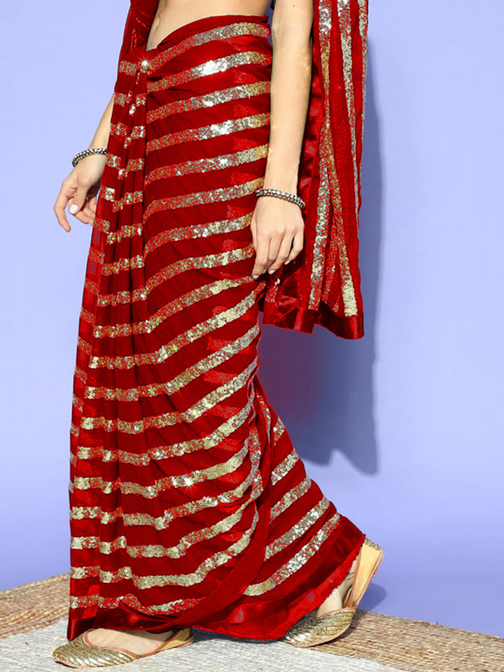Red Stripes Gold Sequinned Bling Designer Cocktail Georgette Saree