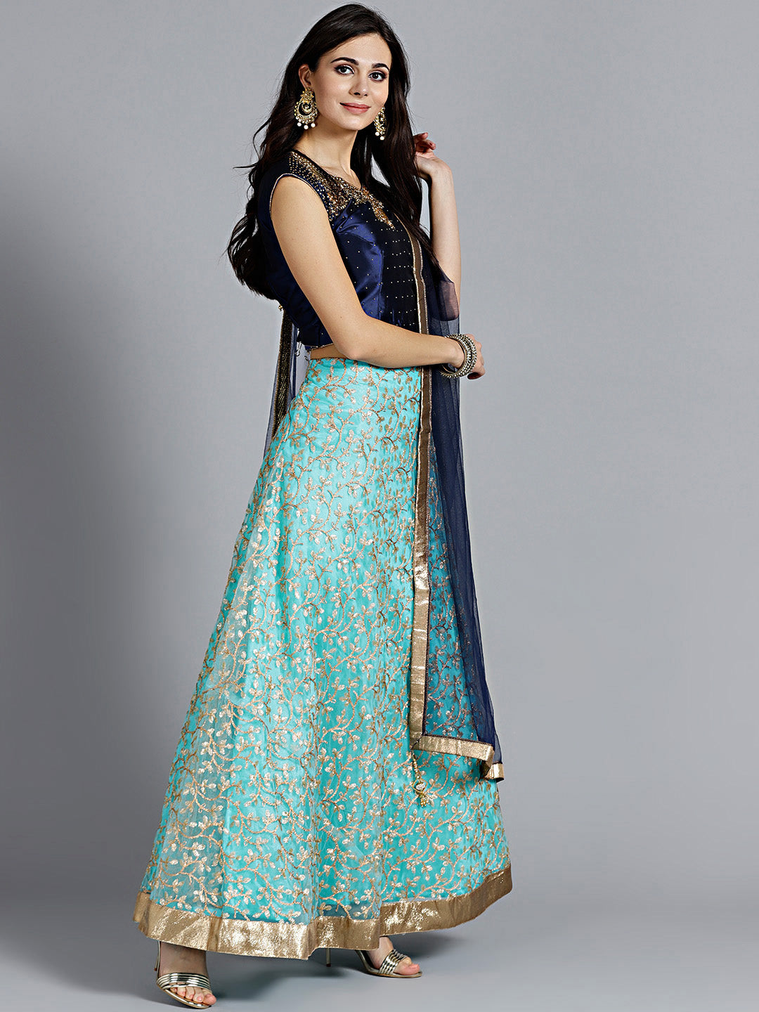 Embroidered Lehanga with Contrast Zircon Embellished Choli