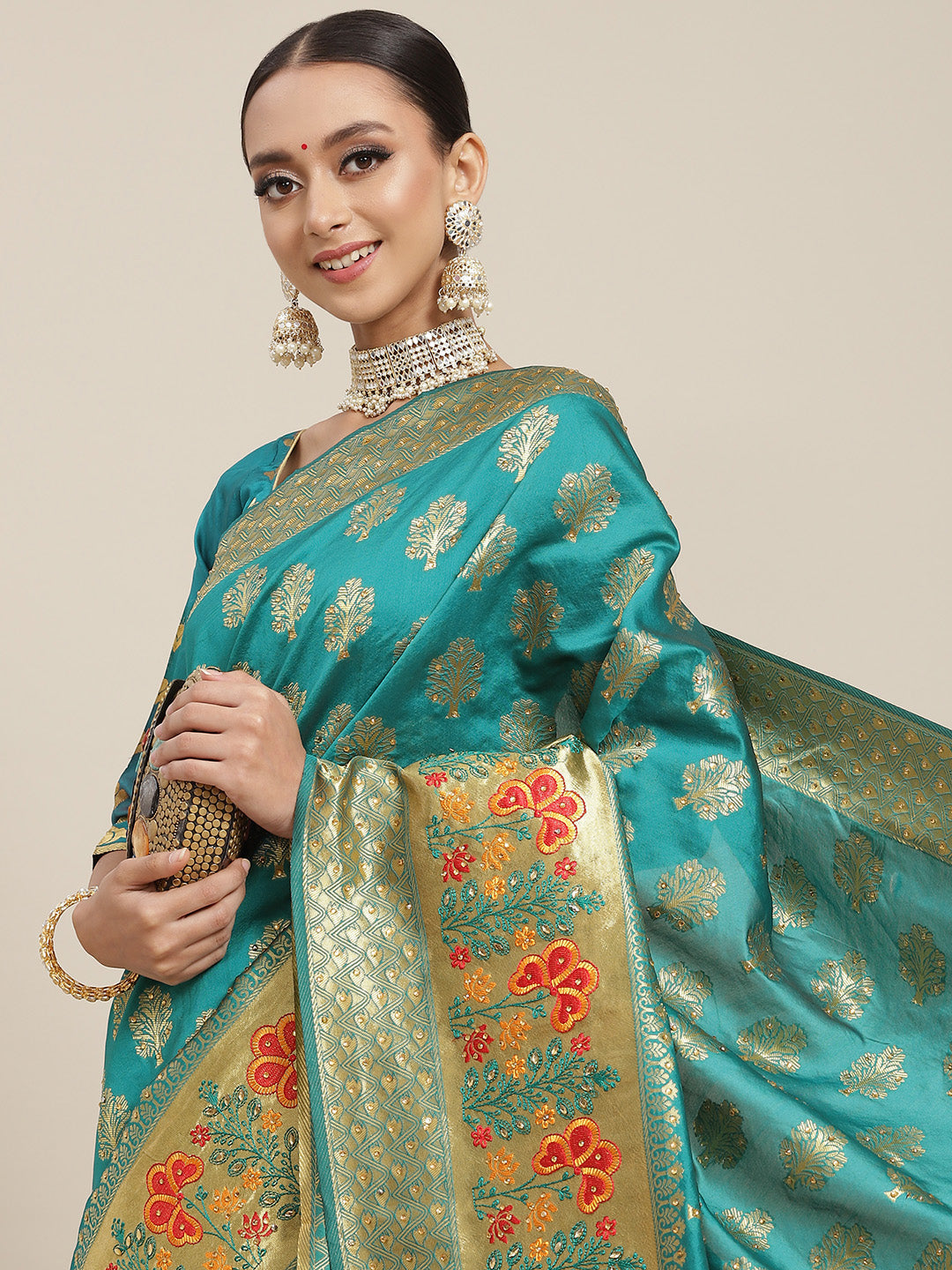 Teal Resham & Stone Embellished Silk Woven Traditional Banarasi Saree