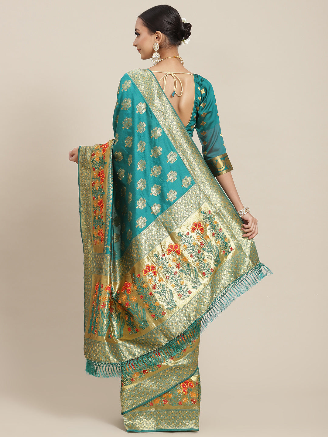 Teal Resham & Stone Embellished Silk Woven Traditional Banarasi Saree
