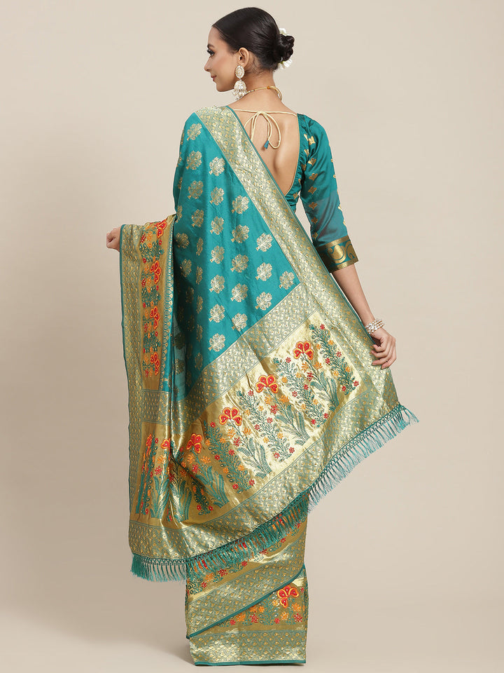 Teal Resham & Stone Embellished Silk Woven Traditional Banarasi Saree