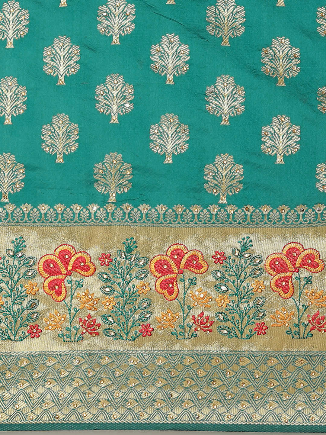 Teal Resham & Stone Embellished Silk Woven Traditional Banarasi Saree