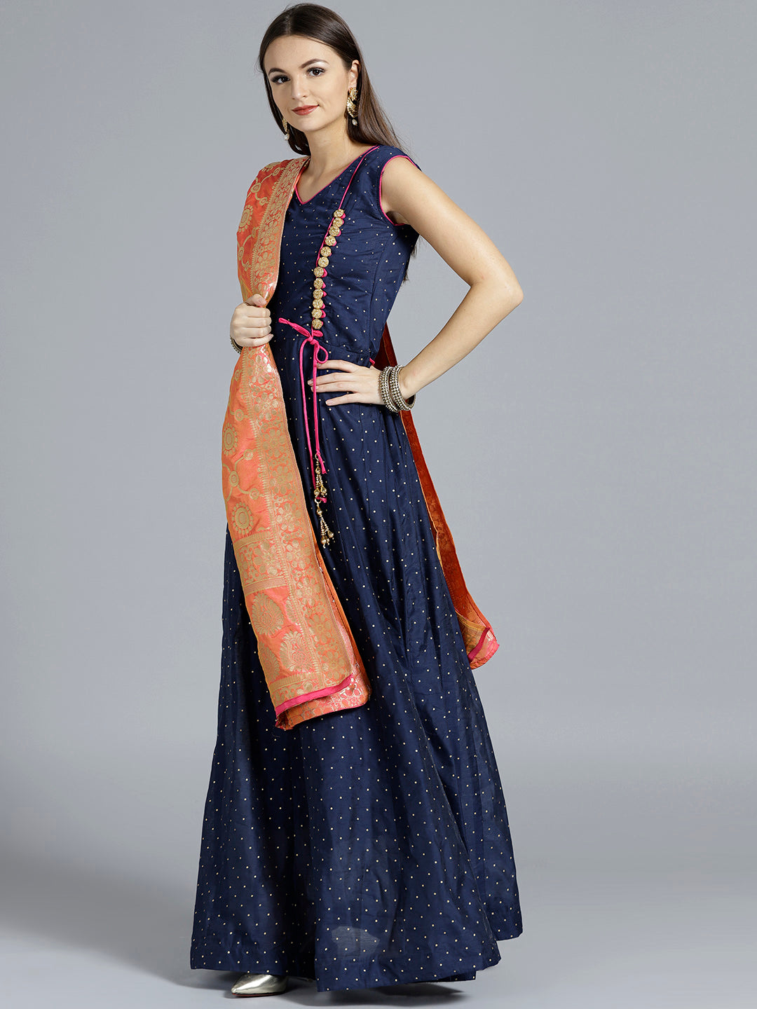 Angrakha Style Embellished Suit with Banarasi Dupatta