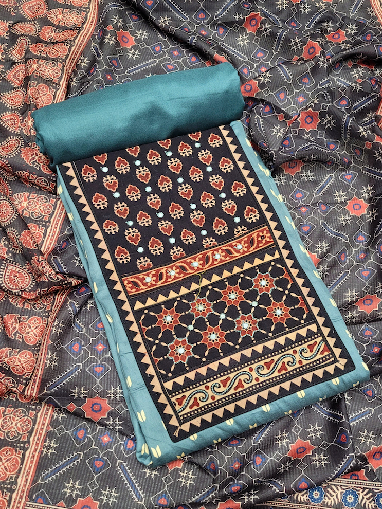 Chhabra 555 Ethnic Ajrak Block Print Cotton Suit Dupatta with Mirror Embelishments & Contrast colors