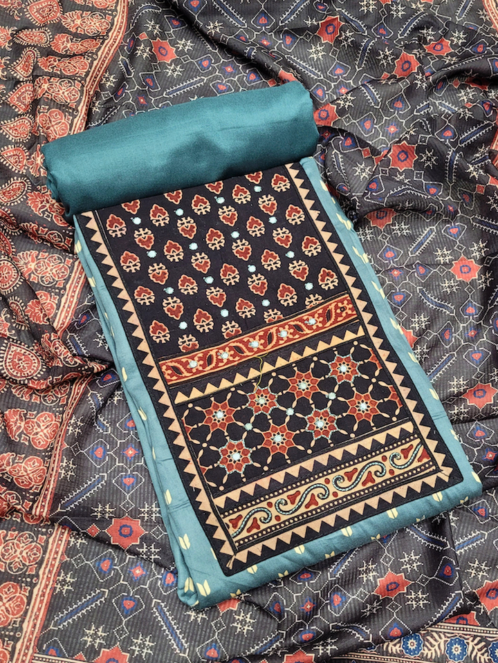 Chhabra 555 Ethnic Ajrak Block Print Cotton Suit Dupatta with Mirror Embelishments & Contrast colors