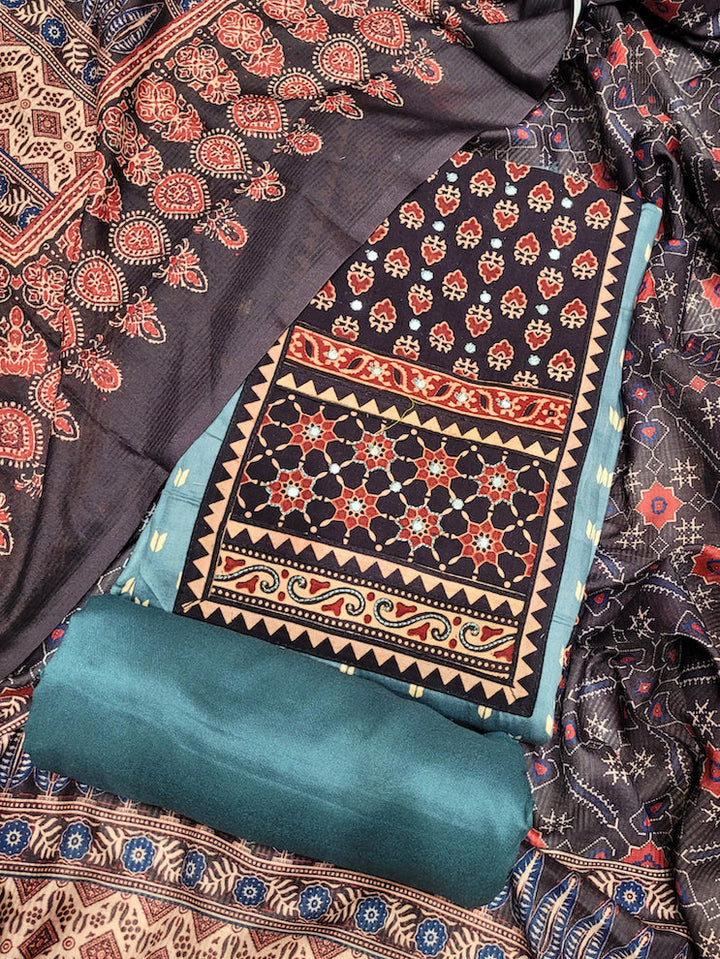 Ethnic Ajrak Block Print Cotton Suit Dupatta with Mirror Embelishments & Contrast colors