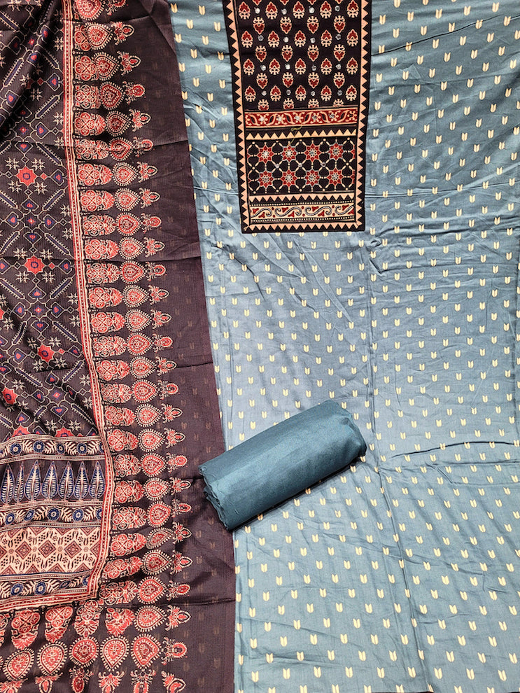 Ethnic Ajrak Block Print Cotton Suit Dupatta with Mirror Embelishments & Contrast colors