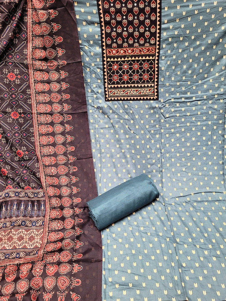 Ethnic Ajrak Block Print Cotton Suit Dupatta with Mirror Embelishments & Contrast colors