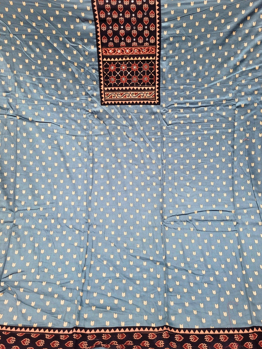 Ethnic Ajrak Block Print Cotton Suit Dupatta with Mirror Embelishments & Contrast colors