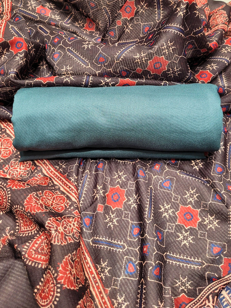 Ethnic Ajrak Block Print Cotton Suit Dupatta with Mirror Embelishments & Contrast colors