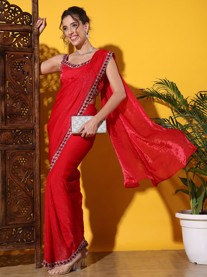 Chhabra 555 Pre-stitched Draped Light Weight Saree with Self Sheen and Crystal Studded Borders
