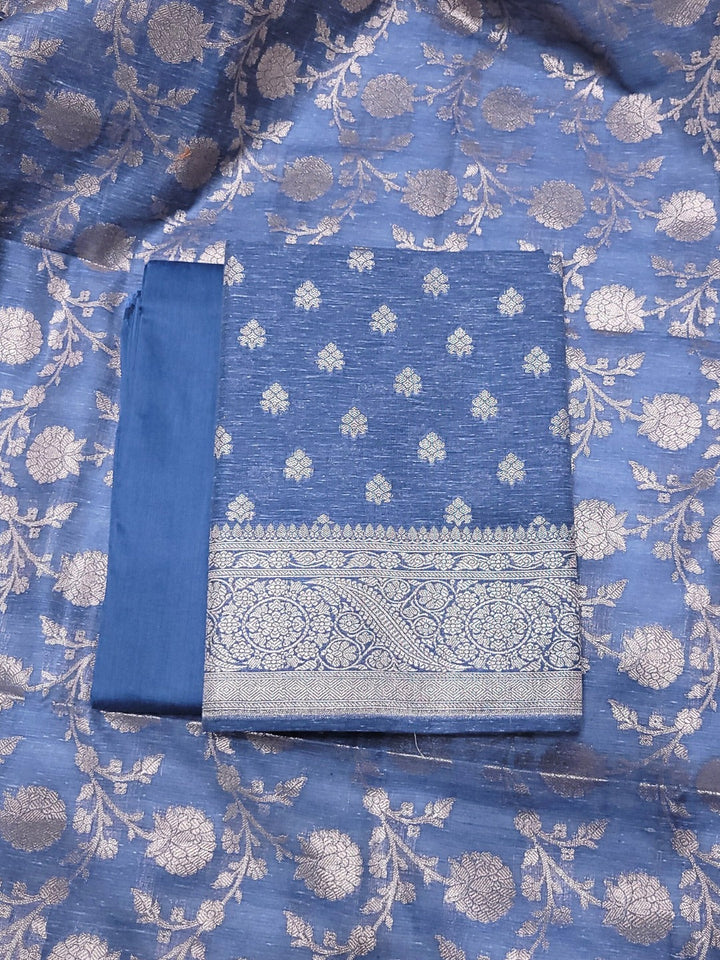 Banarasi Handloom Jute Silk Dress Material with Slub Weave & Tasseled Dupatta