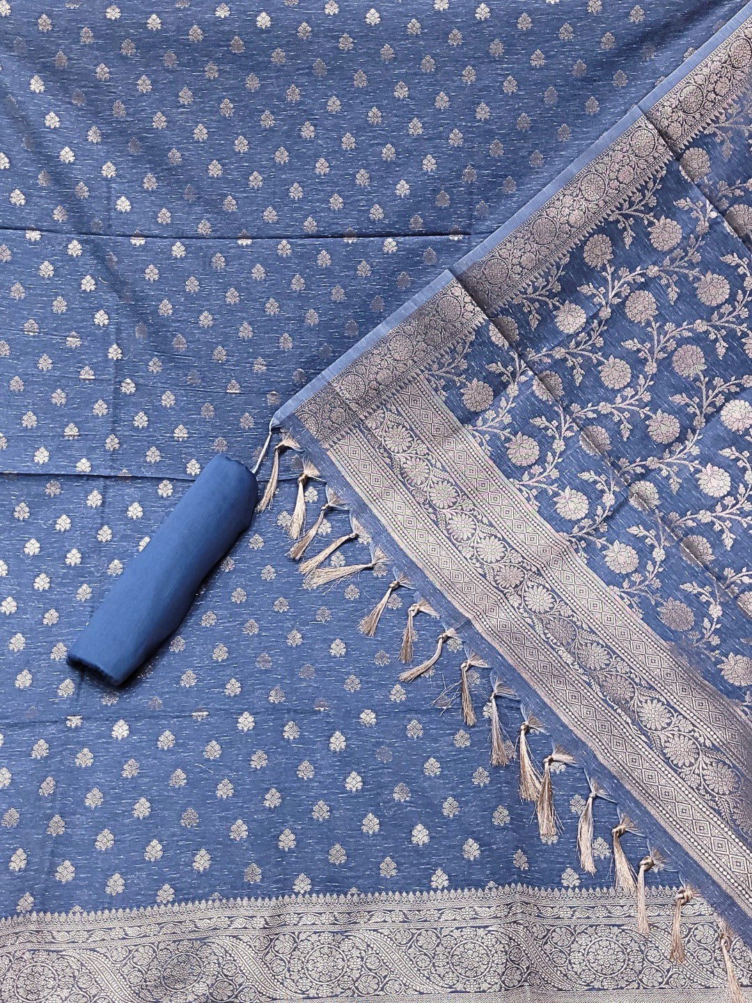 Banarasi Handloom Jute Silk Dress Material with Slub Weave & Tasseled Dupatta