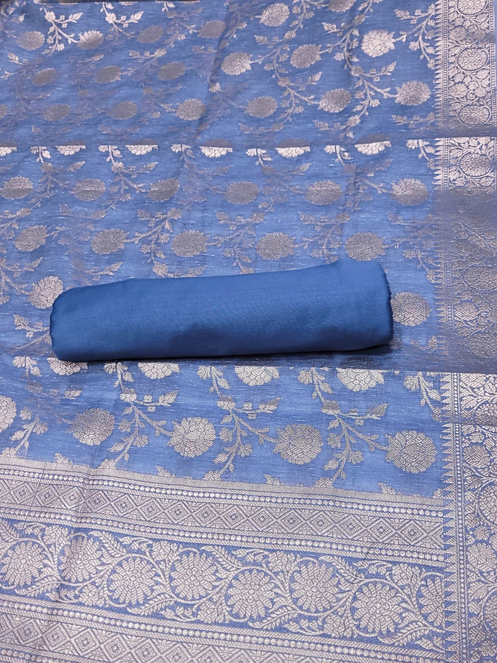 Banarasi Handloom Jute Silk Dress Material with Slub Weave & Tasseled Dupatta