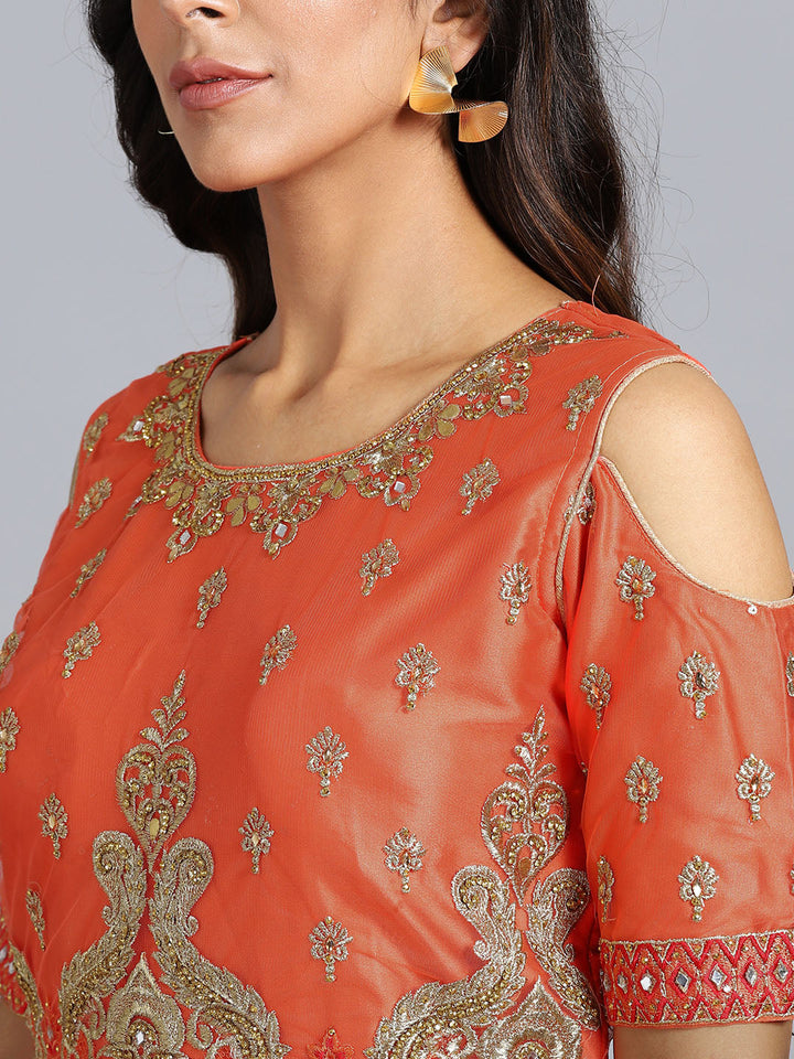 Orange Net Heavy Embroidered Swarovski & Gota Patti Work Embellished Stitched Gown With Net Dupatta