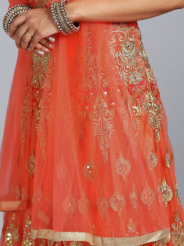 Orange Net Heavy Embroidered Swarovski & Gota Patti Work Embellished Stitched Gown With Net Dupatta