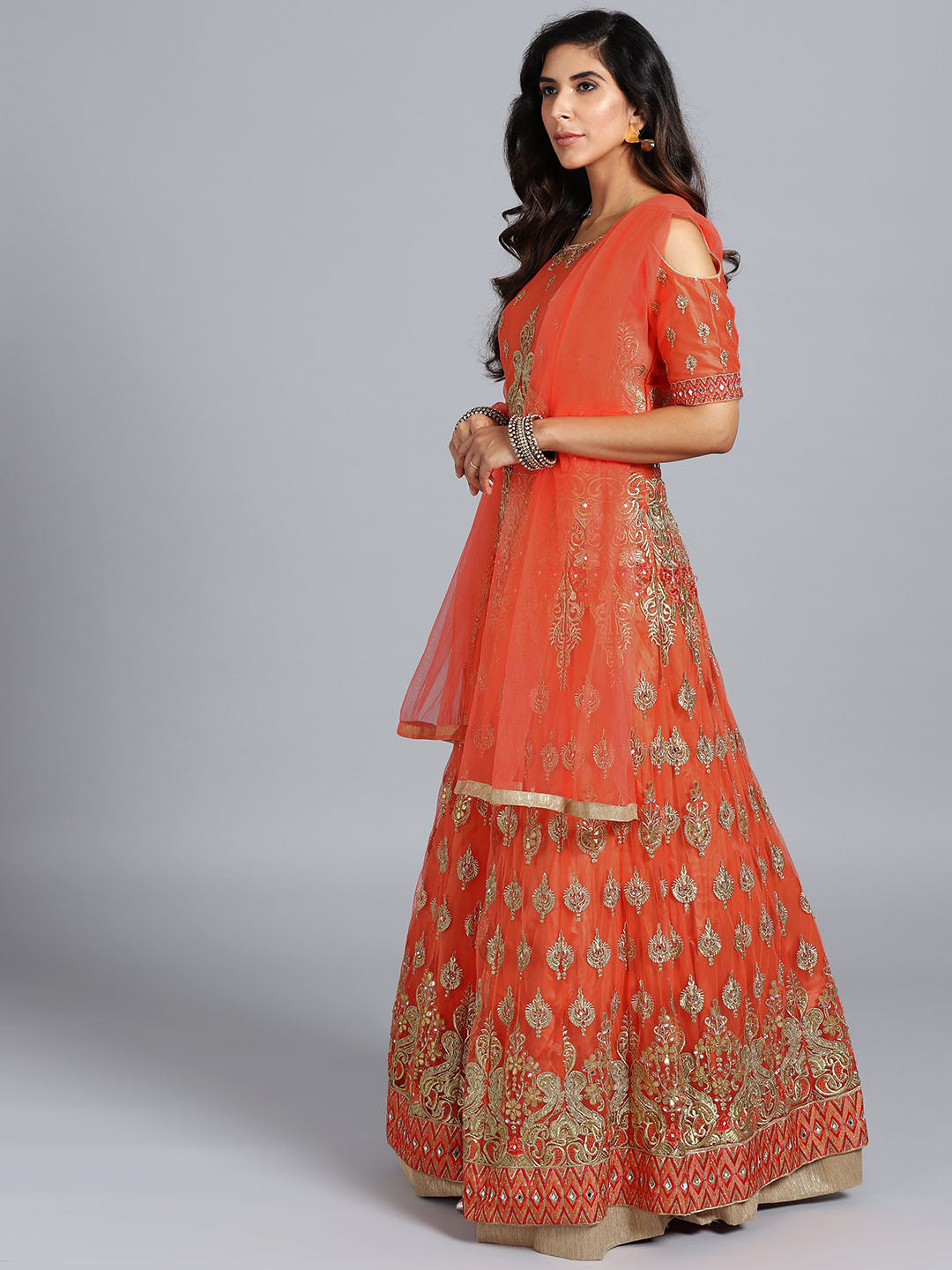 Orange Net Heavy Embroidered Swarovski & Gota Patti Work Embellished Stitched Gown With Net Dupatta