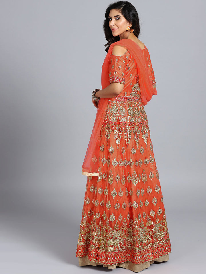 Orange Net Heavy Embroidered Swarovski & Gota Patti Work Embellished Stitched Gown With Net Dupatta