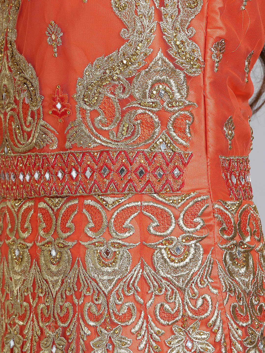 Orange Net Heavy Embroidered Swarovski & Gota Patti Work Embellished Stitched Gown With Net Dupatta