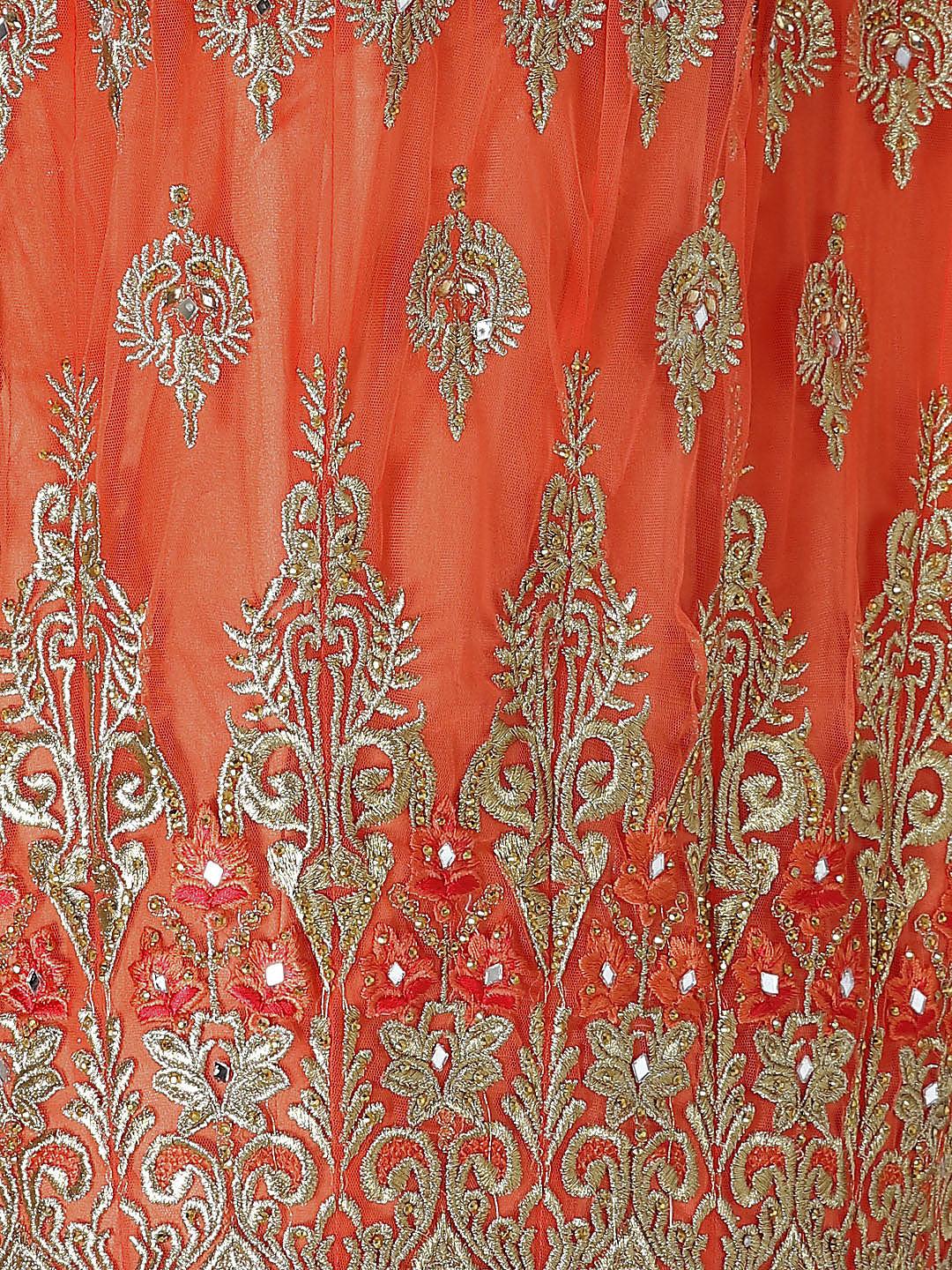 Orange Net Heavy Embroidered Swarovski & Gota Patti Work Embellished Stitched Gown With Net Dupatta