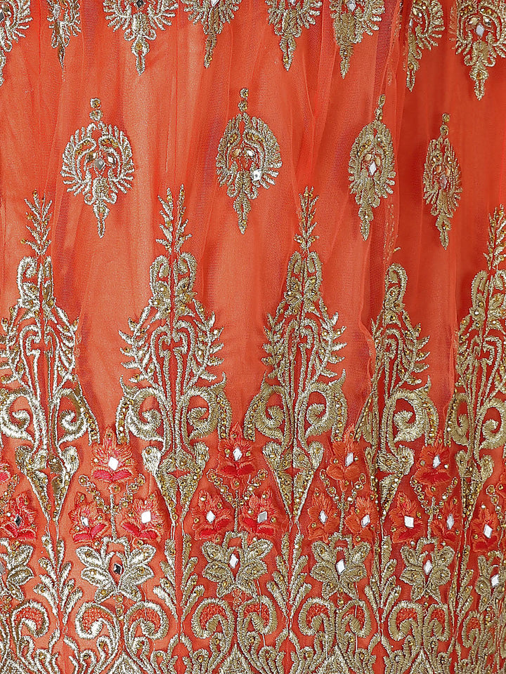 Orange Net Heavy Embroidered Swarovski & Gota Patti Work Embellished Stitched Gown With Net Dupatta