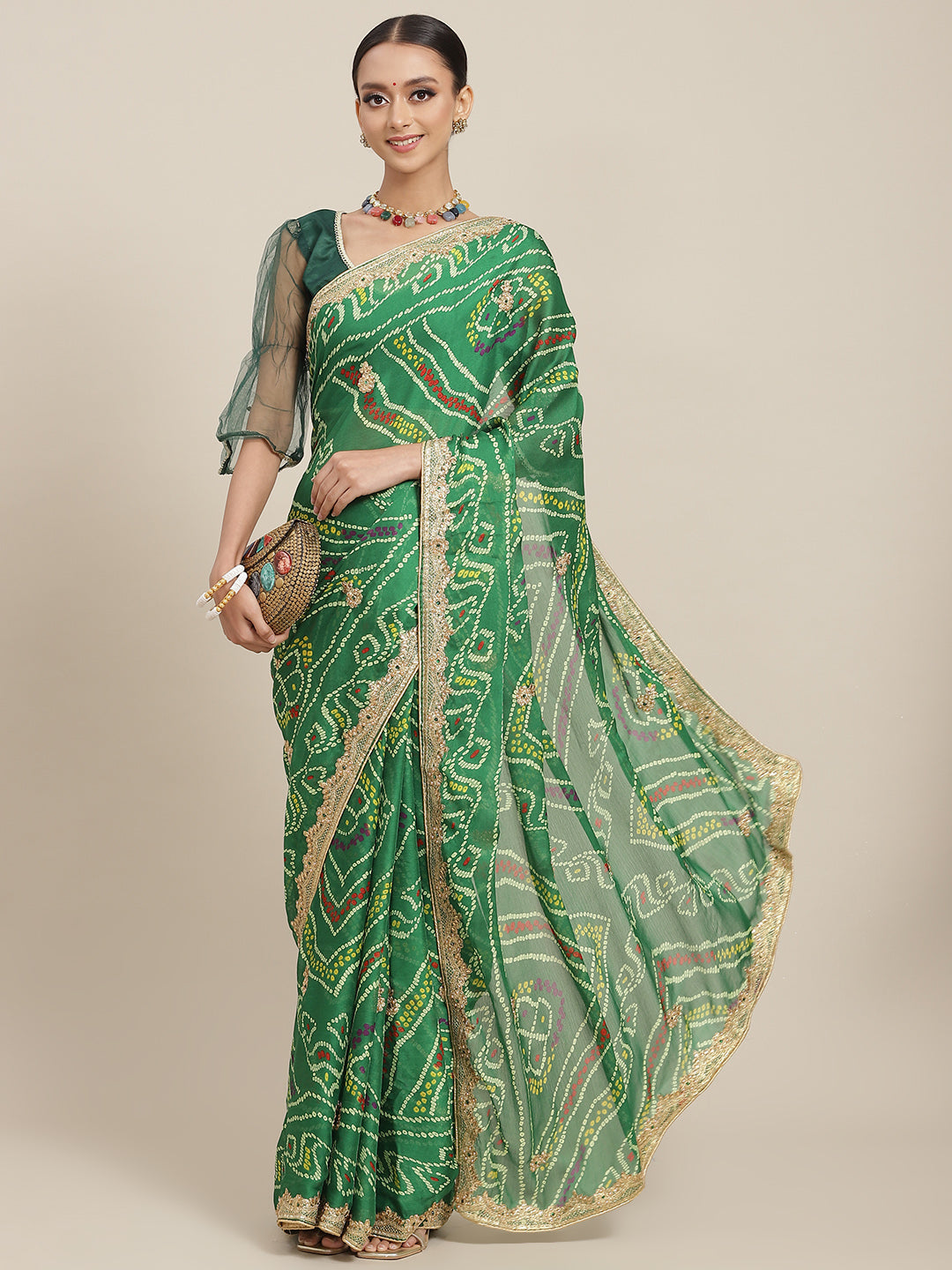 Green Jaipur Bandhani Print Chiffon Saree with Gold Zari Embroidery