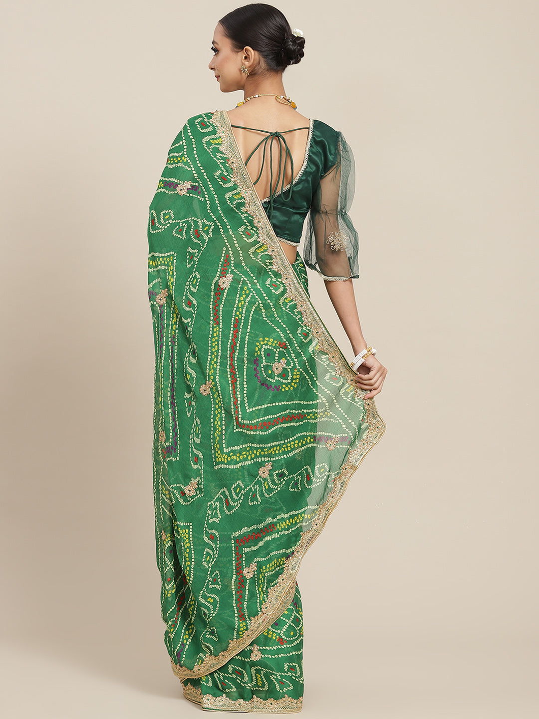 Green Jaipur Bandhani Print Chiffon Saree with Gold Zari Embroidery