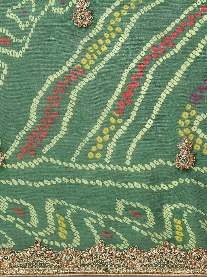 Green Jaipur Bandhani Print Chiffon Saree with Gold Zari Embroidery