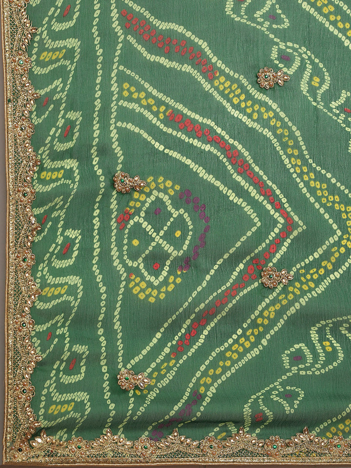 Green Jaipur Bandhani Print Chiffon Saree with Gold Zari Embroidery