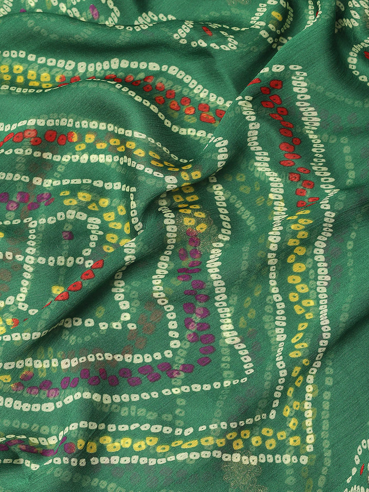 Green Jaipur Bandhani Print Chiffon Saree with Gold Zari Embroidery