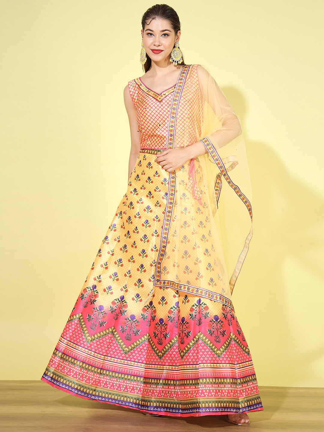 Floral Ombre Digital Print Crop Top Lehenga Set with Net Dupatta