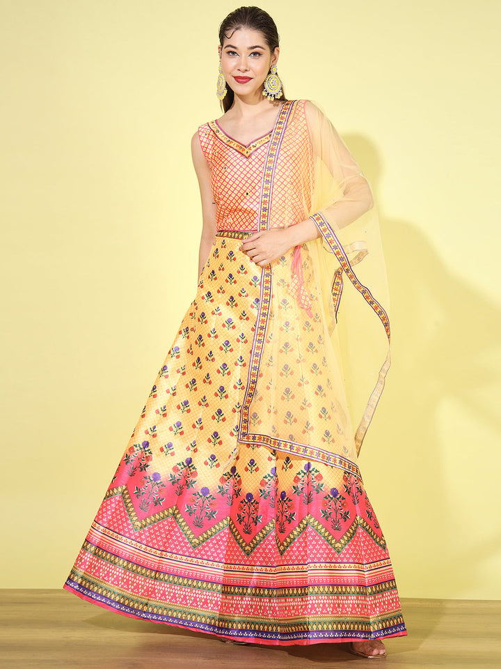 Floral Ombre Digital Print Crop Top Lehenga Set with Net Dupatta