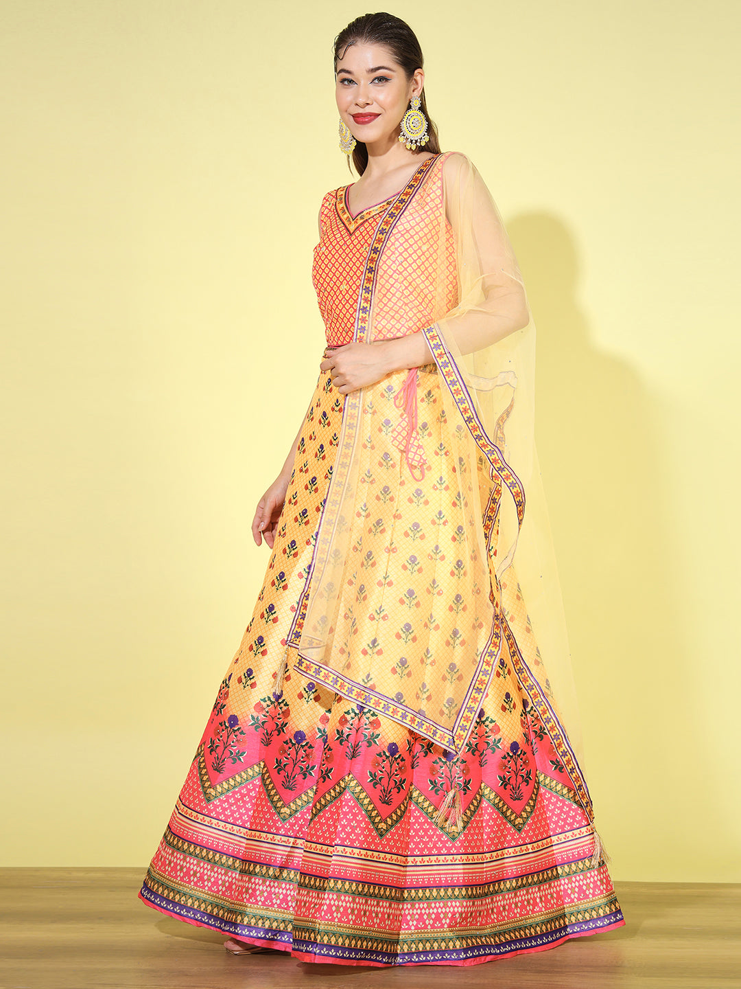 Floral Ombre Digital Print Crop Top Lehenga Set with Net Dupatta