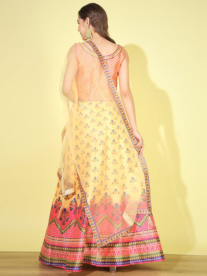 Floral Ombre Digital Print Crop Top Lehenga Set with Net Dupatta