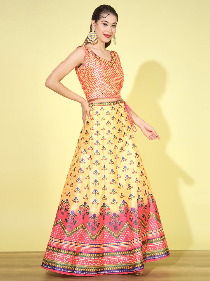 Floral Ombre Digital Print Crop Top Lehenga Set with Net Dupatta