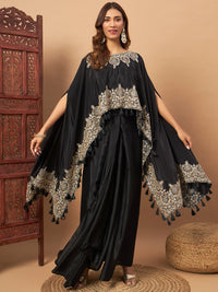 Chhabra 555 Crepe Silk Crop-Top Skirt Indo-western Set With Zari Embroidered Kaftan & Tassels 