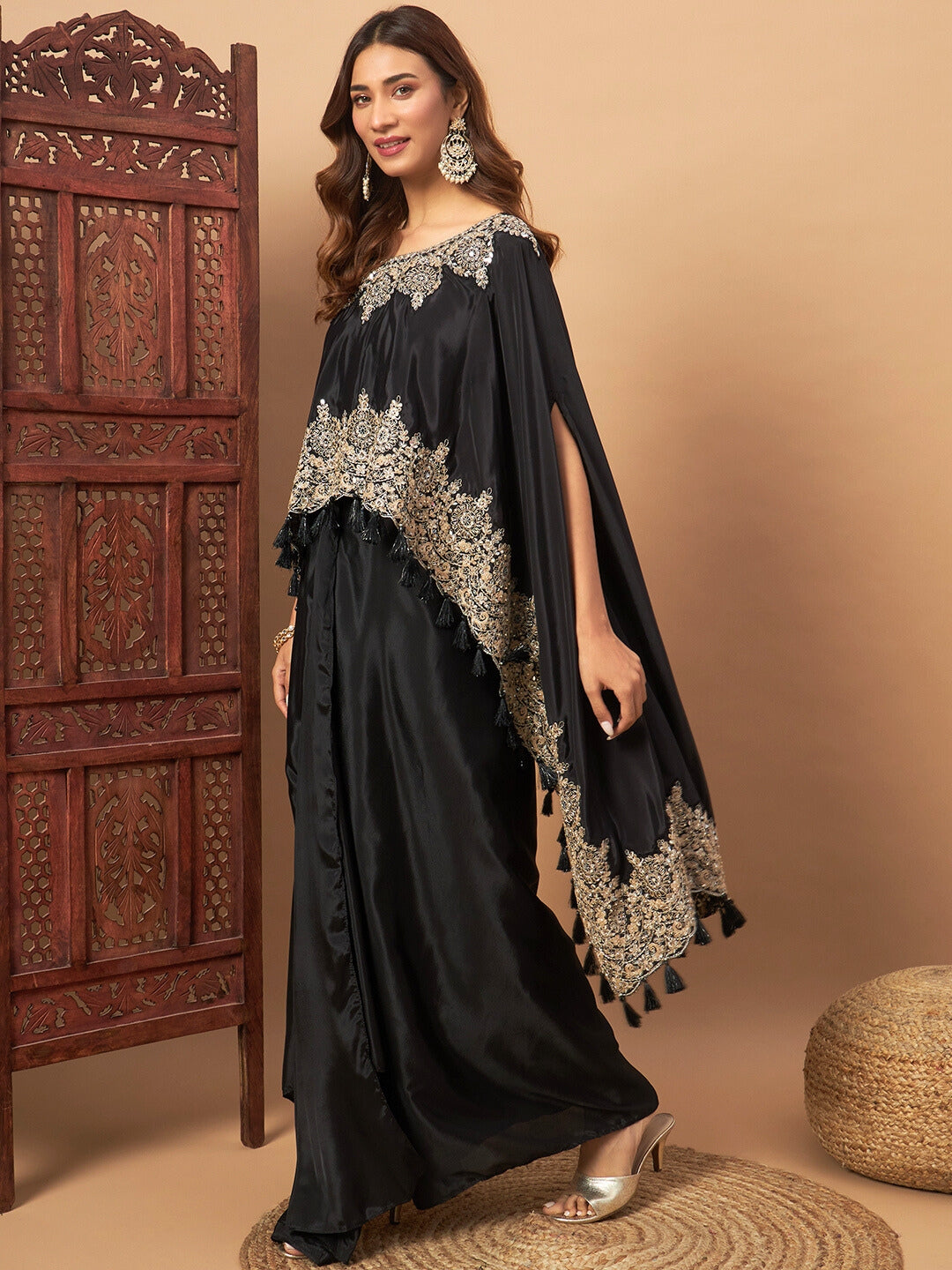 Chhabra 555 Crepe Silk Crop-Top Skirt Indo-western Set With Zari Embroidered Kaftan & Tassels 