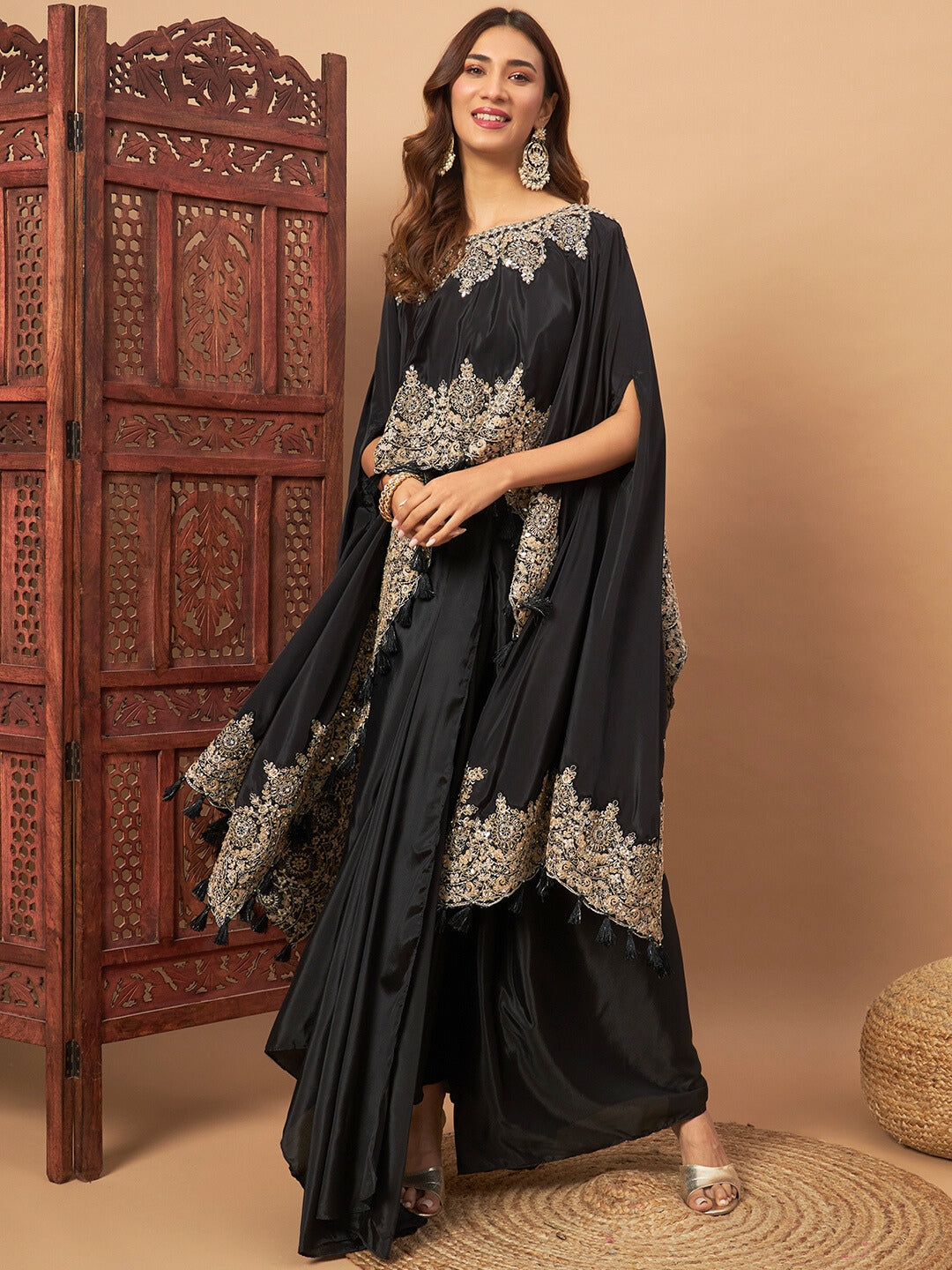 Chhabra 555 Crepe Silk Crop-Top Skirt Indo-western Set With Zari Embroidered Kaftan & Tassels 